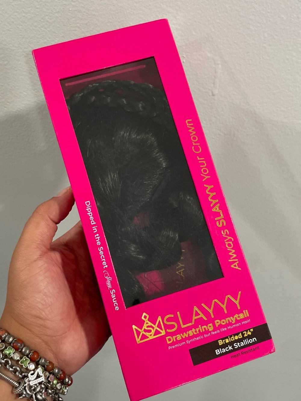 SLAYYY Drawstring Ponytail - Bright Hot Pink Box (Black Stallion)